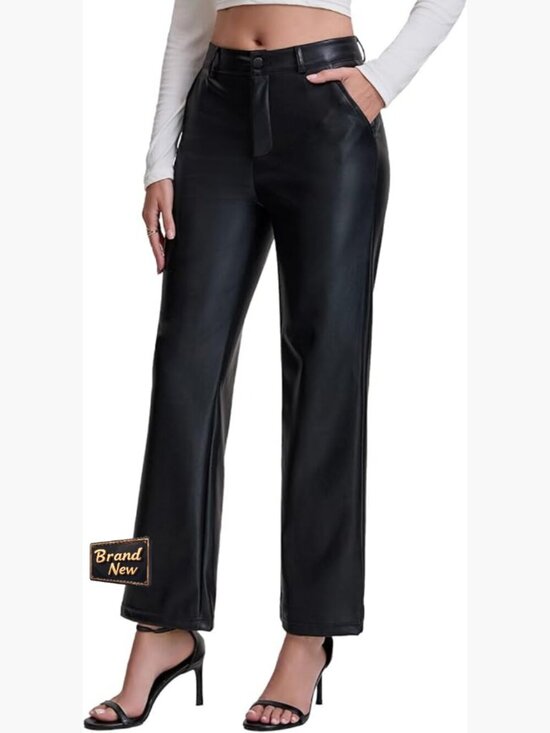 Pants - High Waist Faux Leather PU Straight Leg Wide Leg Trousers Pockets